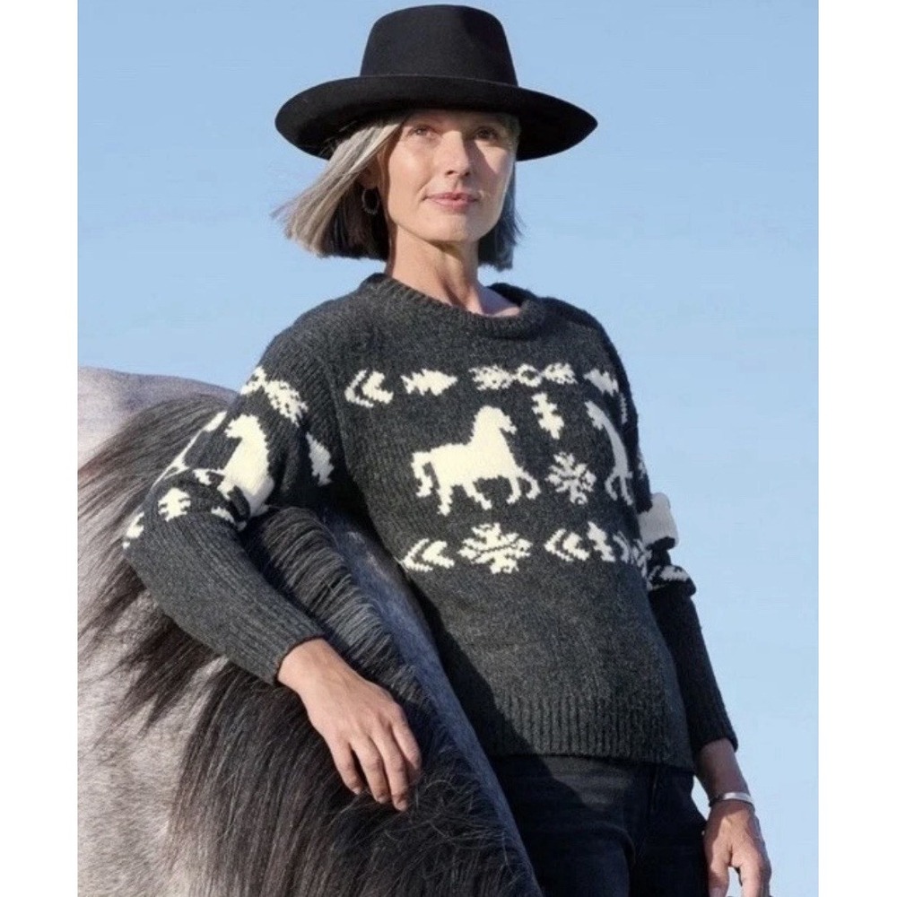 Sundance Equestrian Spirited Horses Fair Isle Sweater Size Petite Medium Gray